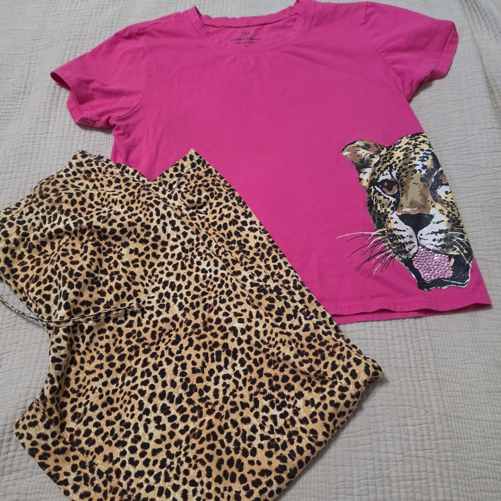 Victoria Secret Leopard‎ Pants Pajama Set Hot Pink Lounge Set Bling Size Medium